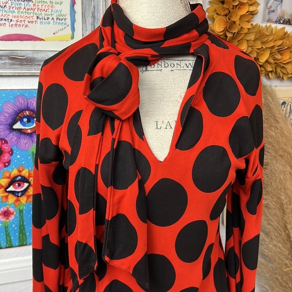 Zara Orange-red Black Chic Polka Dot Asymmetrical dress midi scarf S black label - Picture 6 of 17